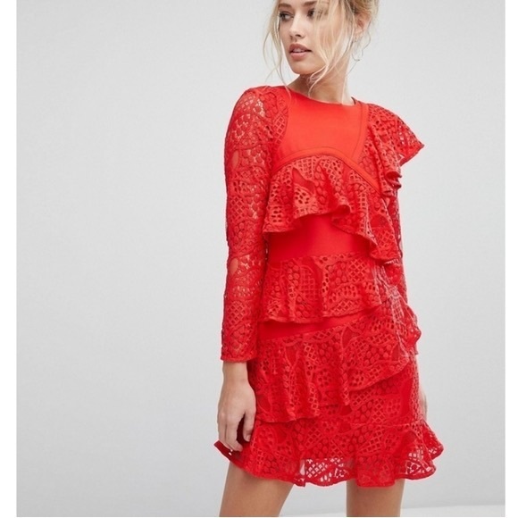 Aijek Mae Ruffled Lace Mini Dress in Rouge NWT - Picture 2 of 8
